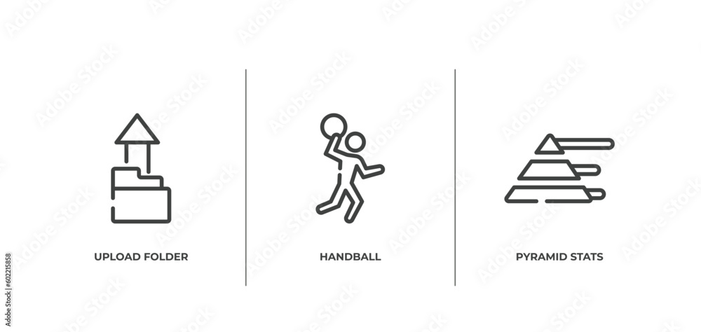 Poster business and charts outline icons set. thin line icons sheet included upload folder, handball, pyram