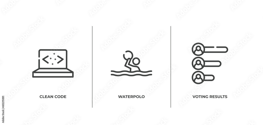 Poster voting outline icons set. thin line icons sheet included clean code, waterpolo, voting results vecto