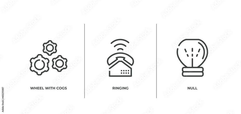 Poster marketing outline icons set. thin line icons sheet included wheel with cogs, ringing, null vector.