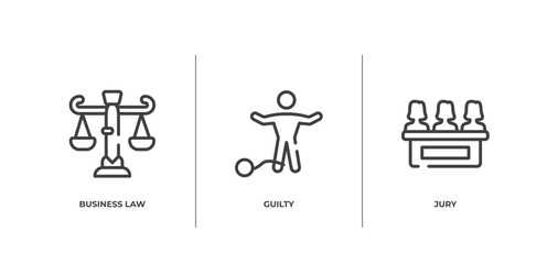 law and justice outline icons set. thin line icons sheet included business law, guilty, jury vector.