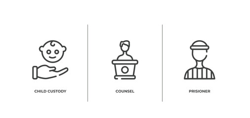 law and justice outline icons set. thin line icons sheet included child custody, counsel, prisioner vector.