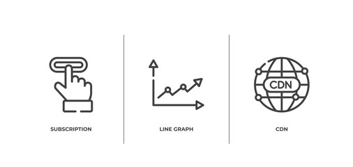 seo and marketing outline icons set. thin line icons sheet included subscription, line graph, cdn vector.
