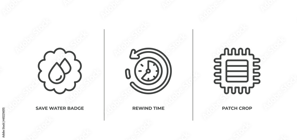 Poster general outline icons set. thin line icons sheet included save water badge, rewind time, patch crop 