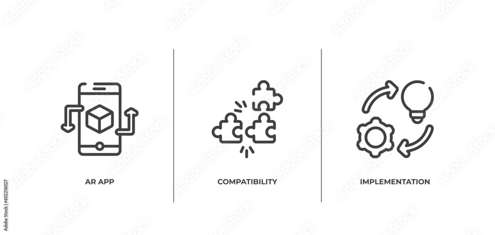 Poster general outline icons set. thin line icons sheet included ar app, compatibility, implementation vect