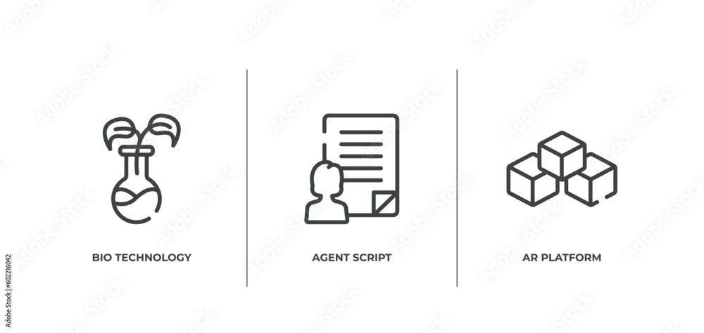 Poster general outline icons set. thin line icons sheet included bio technology, agent script, ar platform 