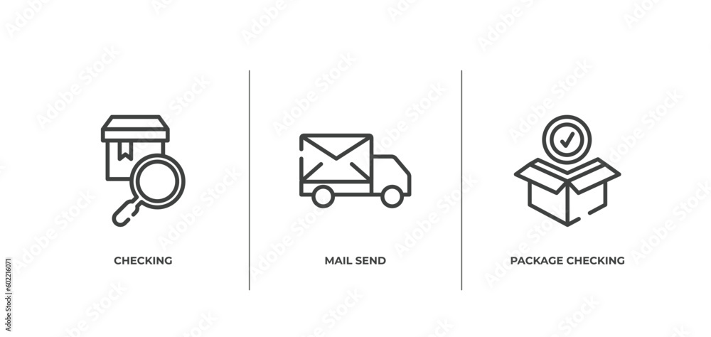 Poster logistic & delivery outline icons set. thin line icons sheet included checking, mail send, package c