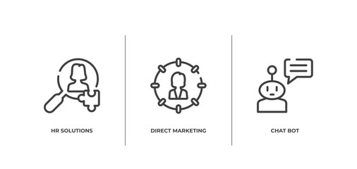 general outline icons set. thin line icons sheet included hr solutions, direct marketing, chat bot vector.
