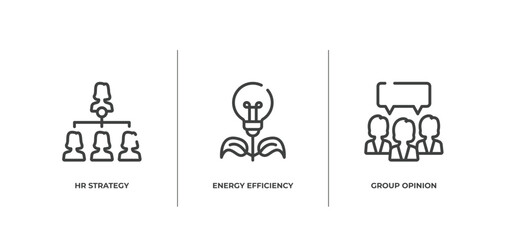 general outline icons set. thin line icons sheet included hr strategy, energy efficiency, group opinion vector.