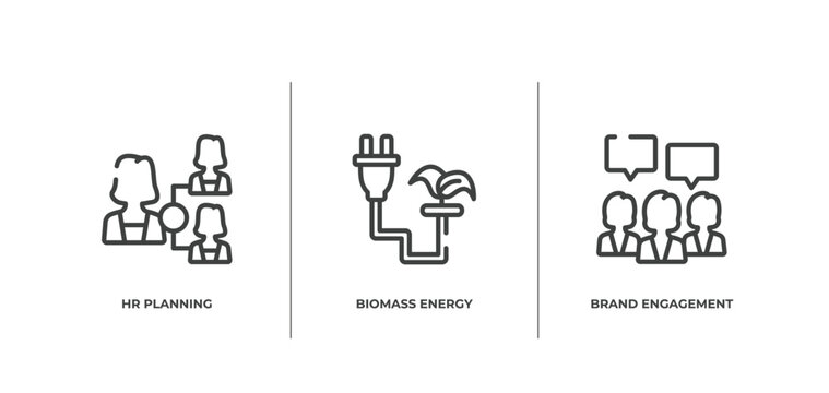 general outline icons set. thin line icons sheet included hr planning, biomass energy, brand engagement vector.