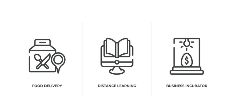 general outline icons set. thin line icons sheet included food delivery, distance learning, business incubator vector.