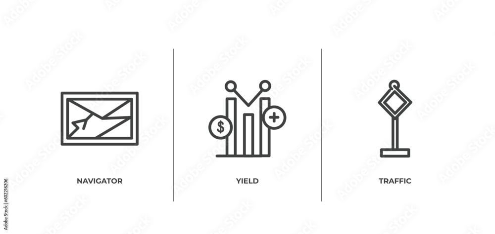 Poster signals set outline icons set. thin line icons sheet included navigator, yield, traffic vector.