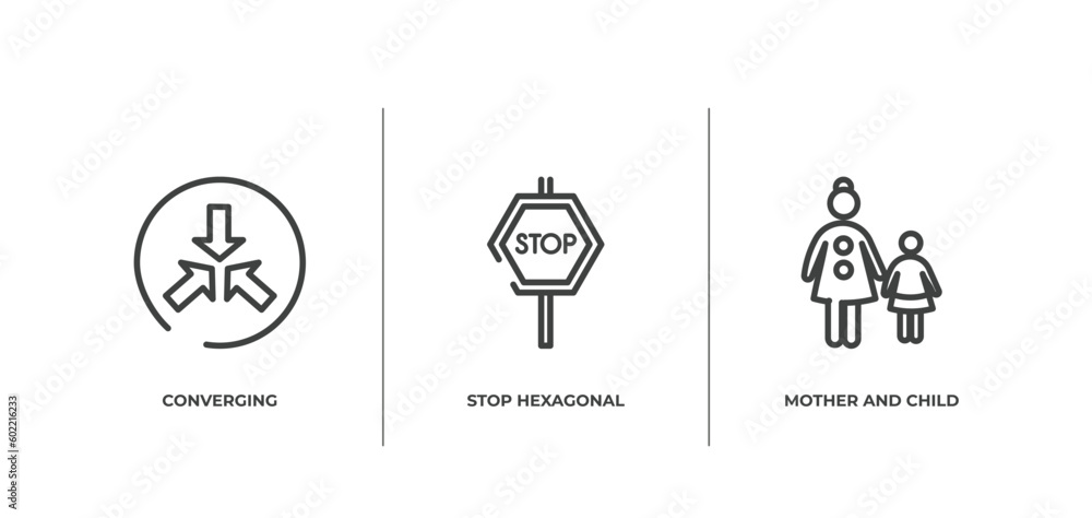 Poster public services fill outline icons set. thin line icons sheet included converging, stop hexagonal, m