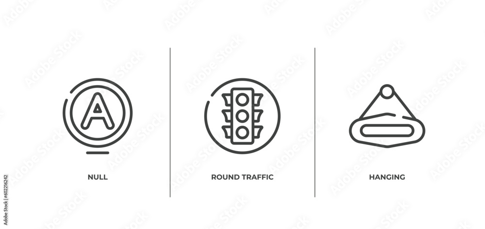Poster signals outline icons set. thin line icons sheet included null, round traffic, hanging vector.