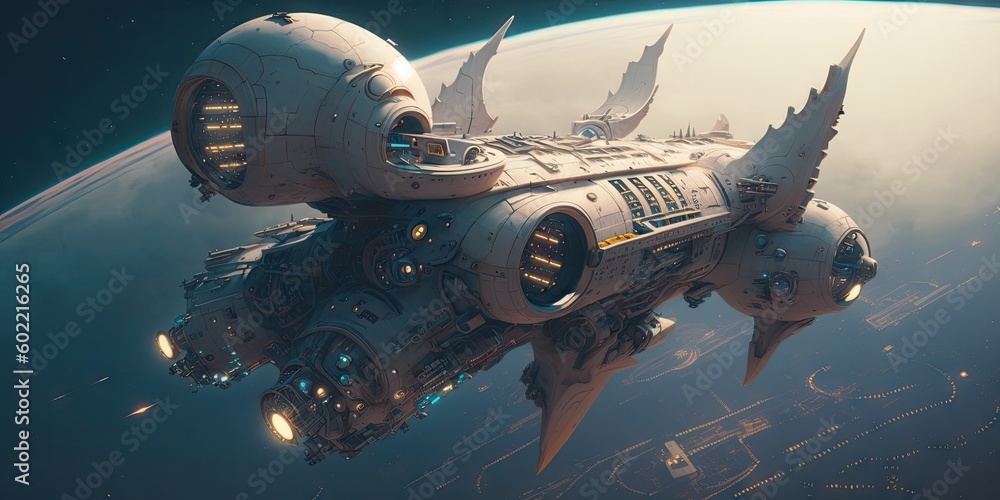 Aufkleber cyber punk spaceship seen from above. glorious generative ai.