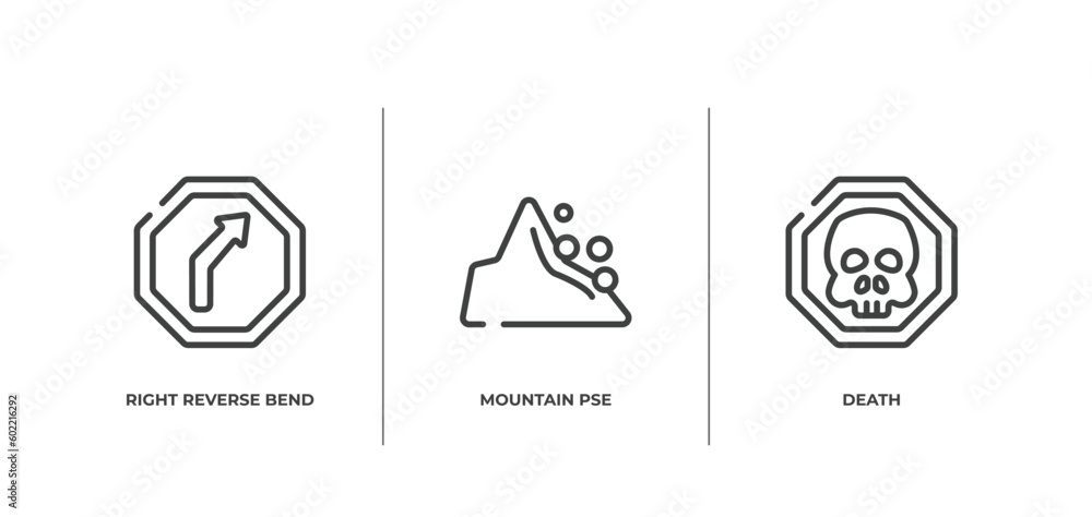 Poster universal warning signals outline icons set. thin line icons sheet included right reverse bend, moun