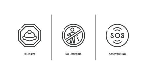 swimming pool rules outline icons set. thin line icons sheet included mine site, no littering, sos warning vector.
