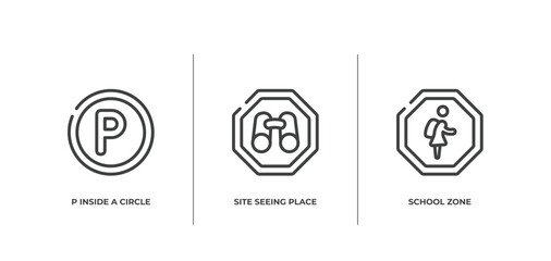 indications outline icons set. thin line icons sheet included p inside a circle, site seeing place, school zone vector.