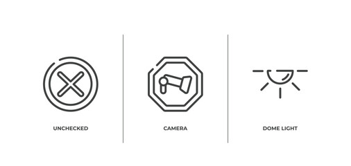 car dashboard signals outline icons set. thin line icons sheet included unchecked, camera, dome light vector.