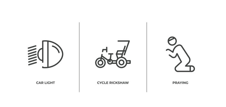 poi public places outline icons set. thin line icons sheet included car light, cycle rickshaw, praying vector.