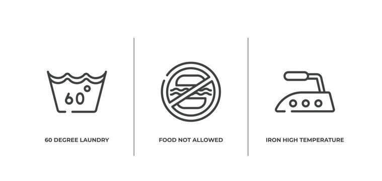 laundry instructions outline icons set. thin line icons sheet included 60 degree laundry, food not allowed, iron high temperature vector.