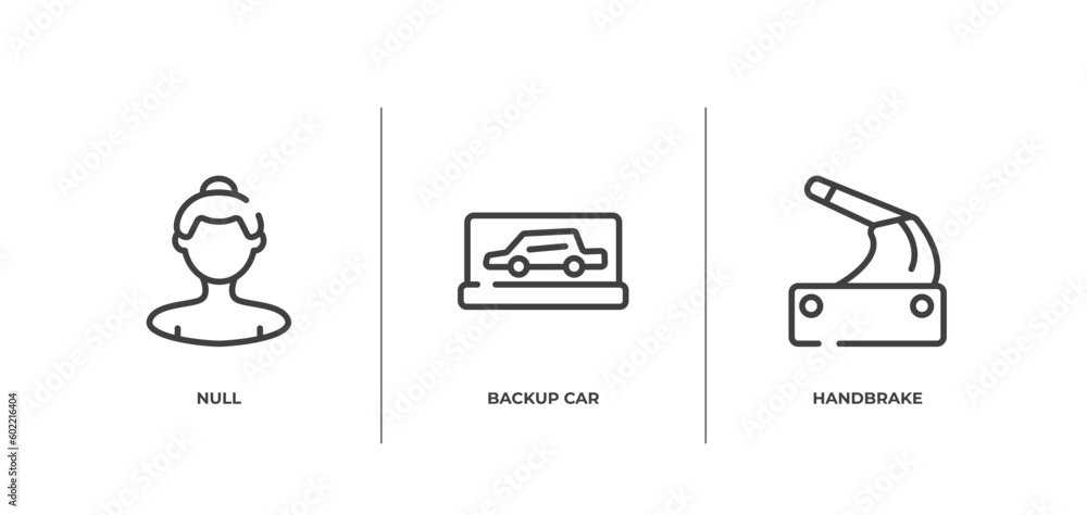Poster racing outline icons set. thin line icons sheet included null, backup car, handbrake vector.