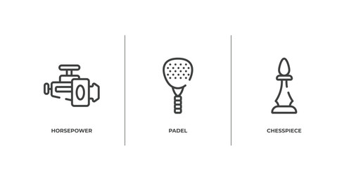 sport equipment outline icons set. thin line icons sheet included horsepower, padel, chesspiece vector.