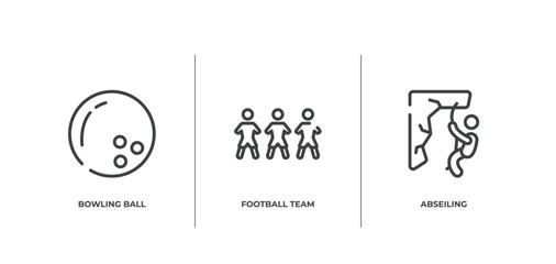 x treme outline icons set. thin line icons sheet included bowling ball, football team, abseiling vector.