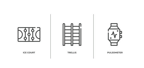 bicycle racing outline icons set. thin line icons sheet included ice court, trellis, pulsometer vector.