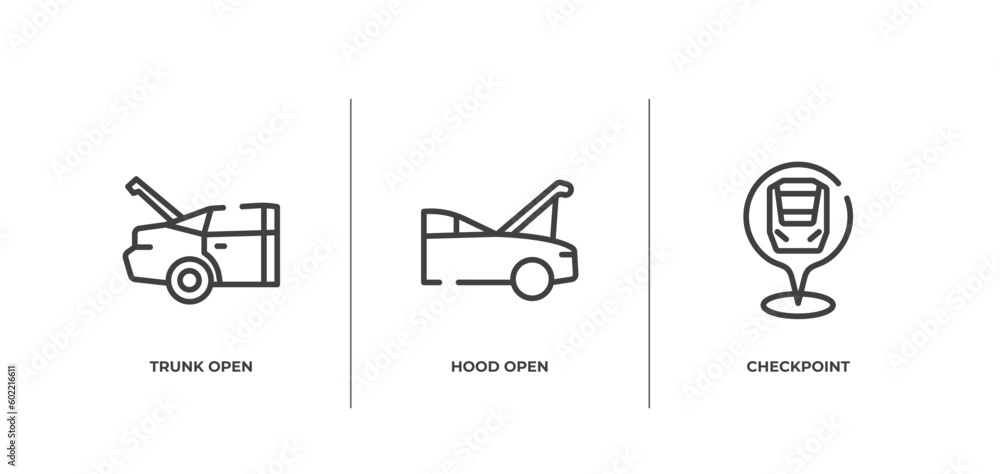 Poster train station outline icons set. thin line icons sheet included trunk open, hood open, checkpoint ve