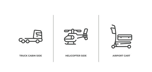 airport outline icons set. thin line icons sheet included truck cabin side view, helicopter side view, airport cart vector.