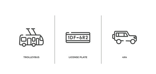 transportation outline icons set. thin line icons sheet included trolleybus, license plate, 4x4 vector.