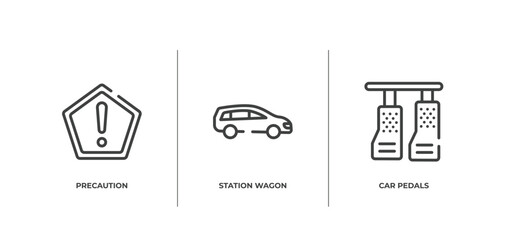 driving school outline icons set. thin line icons sheet included precaution, station wagon, car pedals vector.