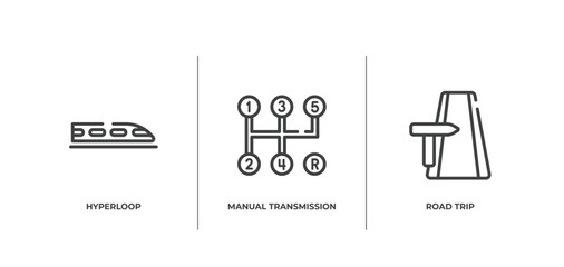 driving school outline icons set. thin line icons sheet included hyperloop, manual transmission, road trip vector.