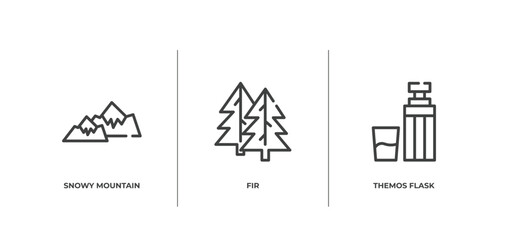 winter outline icons set. thin line icons sheet included snowy mountain, fir, themos flask vector.