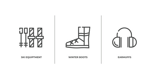 winter outline icons set. thin line icons sheet included ski equiptment, winter boots, earmuffs vector.