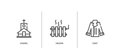 Naklejka premium winter outline icons set. thin line icons sheet included chapel, heater, coat vector.