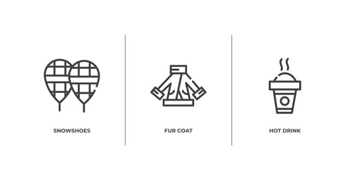 winter outline icons set. thin line icons sheet included snowshoes, fur coat, hot drink vector.