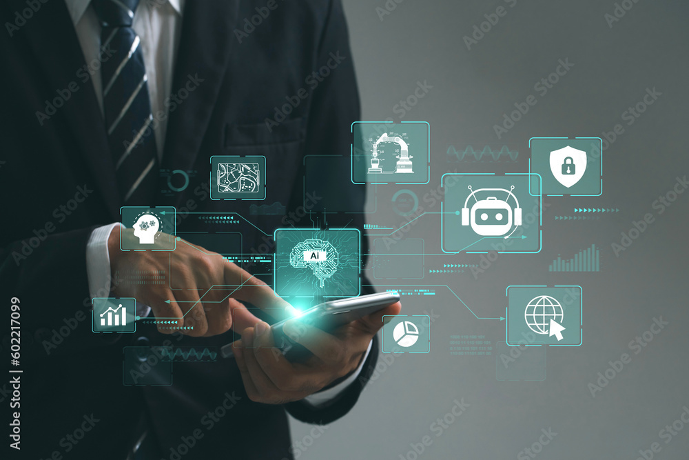 Aufkleber businessmen use ai technology, big data, iot, and smartphones to work efficiently. with the help of 