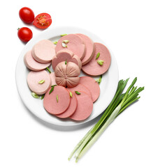 Plate with slices of tasty boiled sausage on white background
