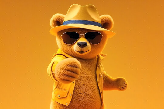 Naklejki plush toy character stylish teddy bear in hat and sunglasses points with finger on yellow background. Generative AI illustration
