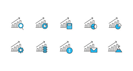 Vector icon set of Barchart Icons for Data Visualization and Analysis, Business Growth and Success, Financial Planning and Analysis, black outline blue color inside. on transparent background. 