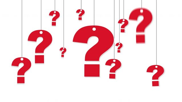 Question marks animated and hanging on white background	
