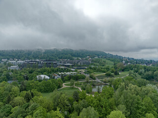 Aerial view of University of Zürich Campus Irchel with public park in the foreground on a cloudy...