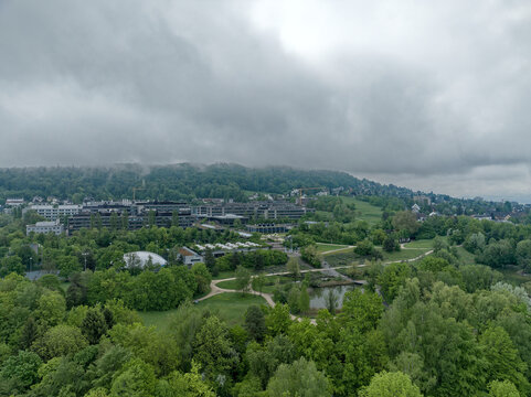 Aerial view of University of Z&uuml;rich Campus Irchel with public park in the foreground on a cloudy spring morning at City of Z&uuml;rich. Photo taken May 9th, 2023, Zurich, Switzerland.