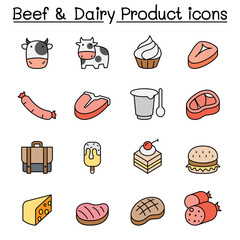 Beef and Dairy Products color line icon set