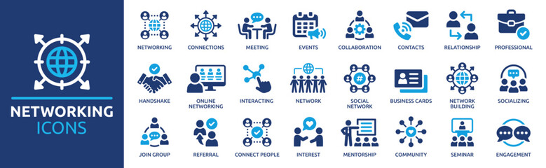 Networking icon set. Containing network, connections, relationship, online networking, community, events and social network icons. Solid icon collection. Vector illustration. - obrazy, fototapety, plakaty