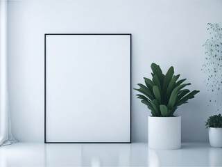 Empty square frame mockup in modern minimalist interior with plant in trendy vase