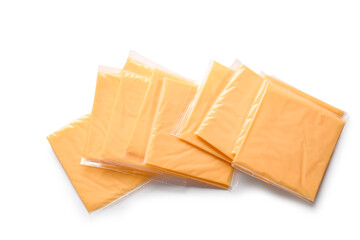 Slices of tasty processed cheese on white background