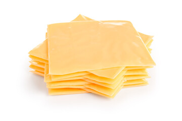 Slices of tasty processed cheese on white background