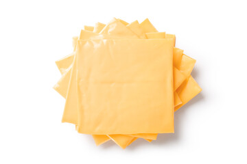 Pile of tasty processed cheese on white background